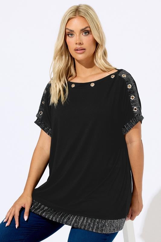 YOURS Plus Size Black Eyelet Shimmer Detail Top | Yours Clothing 1