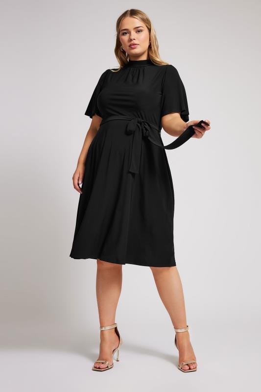 YOURS LONDON Plus Size Black High Neck Belted Skater Dress | Yours Clothing 2