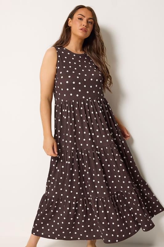 YOURS Curve Chocolate Brown Polka Dot Tiered Maxi Dress