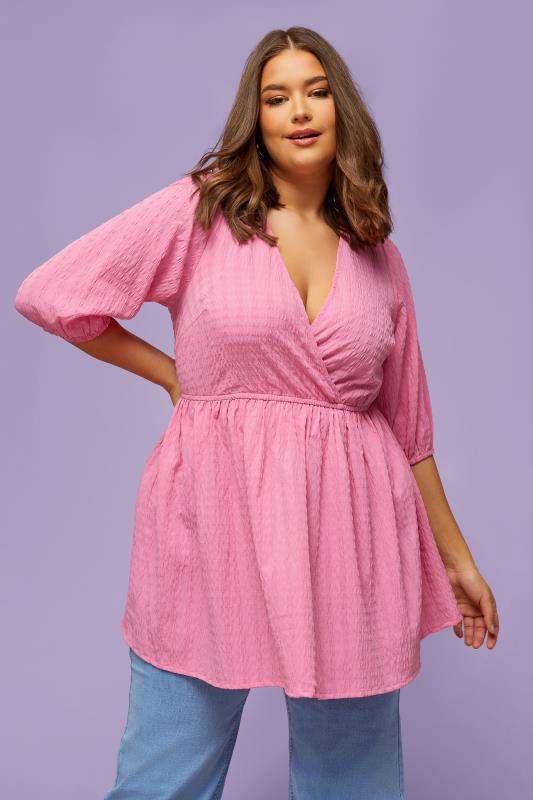 YOURS Plus Size Pink Textured Wrap Top | Yours Clothing 5