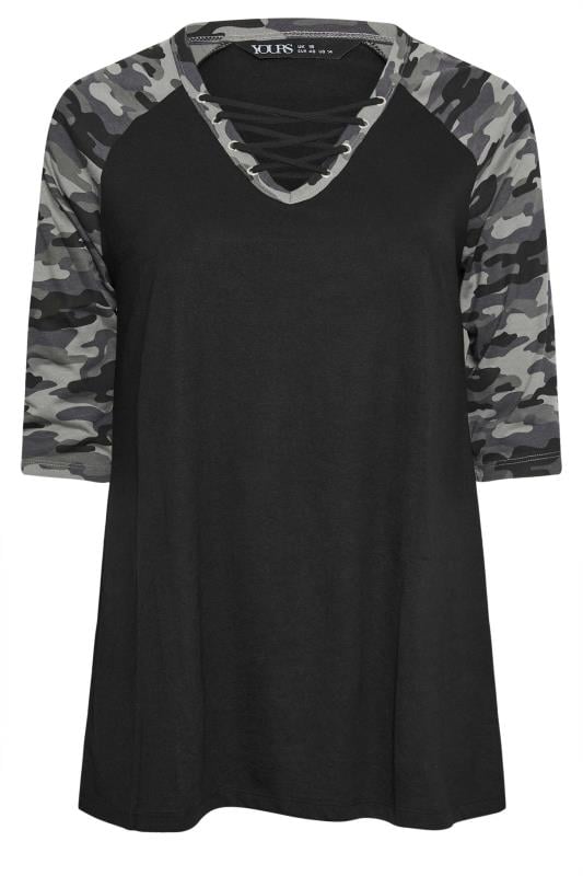 YOURS Plus Size Black Camo Print Lace Up Eyelet Top | Yours Clothing 5
