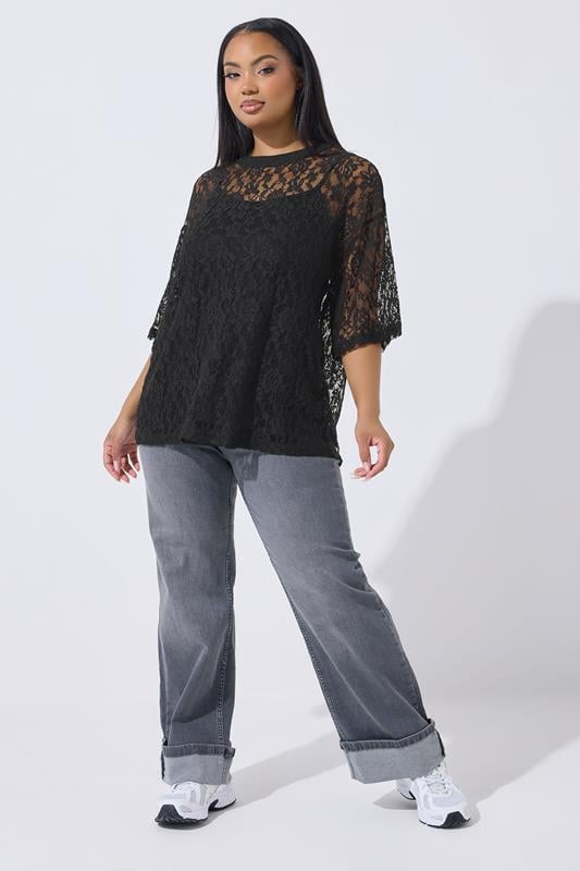 LIMITED COLLECTION Plus Size Black Lace T-Shirt | Yours Clothing 1
