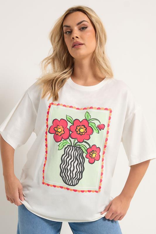 YOURS Curve White Embroidered Flower Vase Graphic T-Shirt