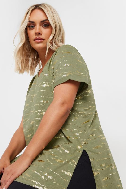 YOURS Plus Size Khaki Green Foil Print Top | Yours Clothing 4