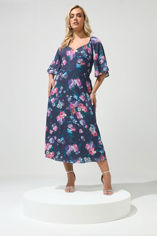 YOURS LONDON Plus Size Navy Blue Floral Midaxi Dress | Yours Clothing 1