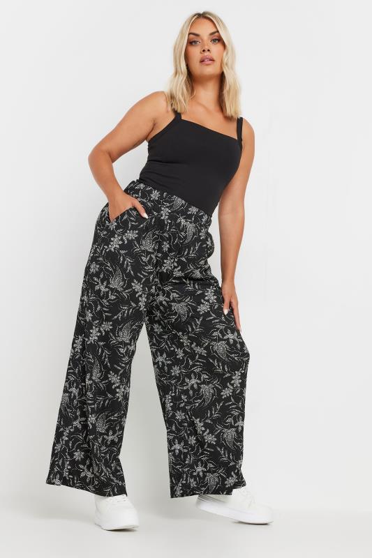 YOURS Plus Size Black Floral Print Elasticated Wide Leg Trousers | Yours Clothing 2