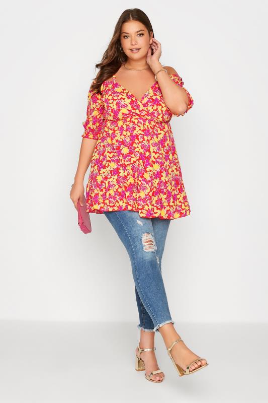 Plus Size Red Floral Cold Shoulder Top | Yours Clothing 3