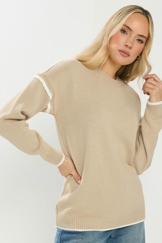  LTS Tall Natural Brown Piped Crew Neck Jumper