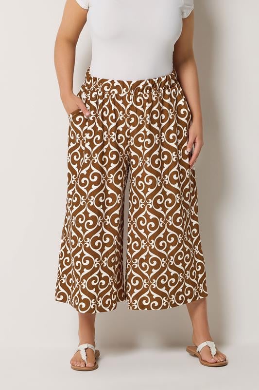  YOURS Curve Brown Abstract Plisse Crop Trousers