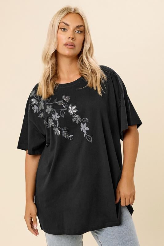 Plus Size  YOURS Curve Black Floral Oversized Sequin Top