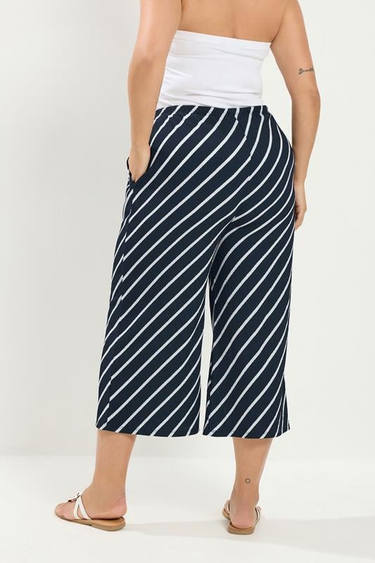 YOURS Plus Size Navy Blue Striped Crinkle Culottes | Yours Clothing 2