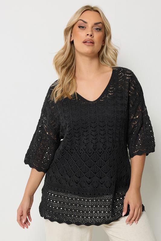 YOURS Curve Black Crochet Crew Neck Top
