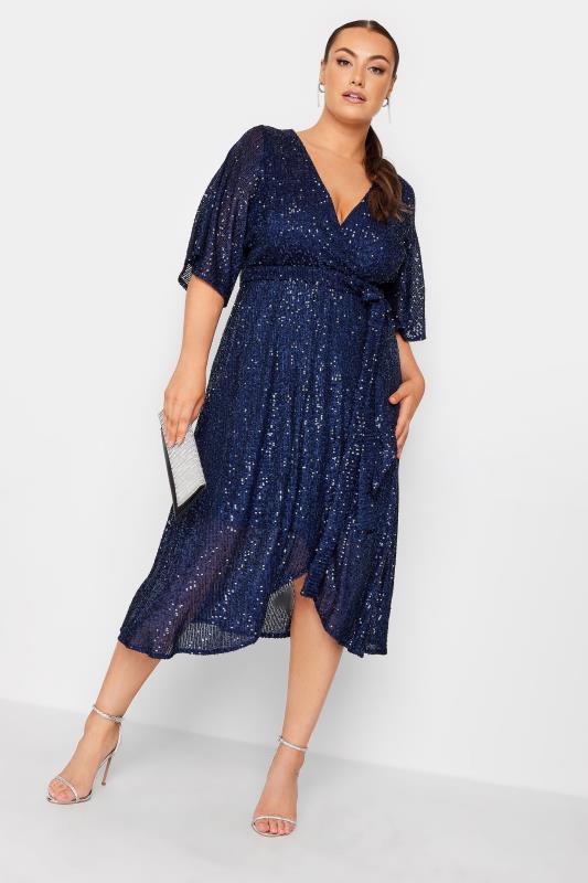 Plus Size  YOURS LONDON Curve Navy Blue Sequin Wrap Dress