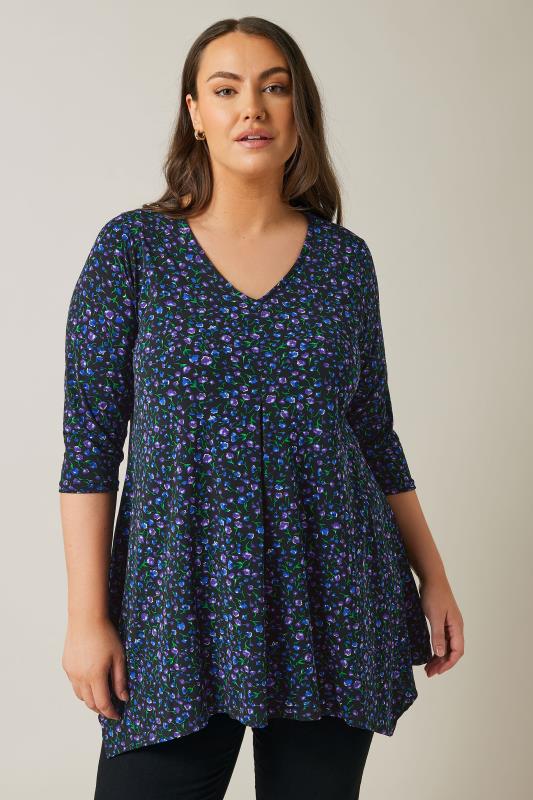 Plus Size  EVANS Curve Navy Blue Floral Print Hanky Hem Top