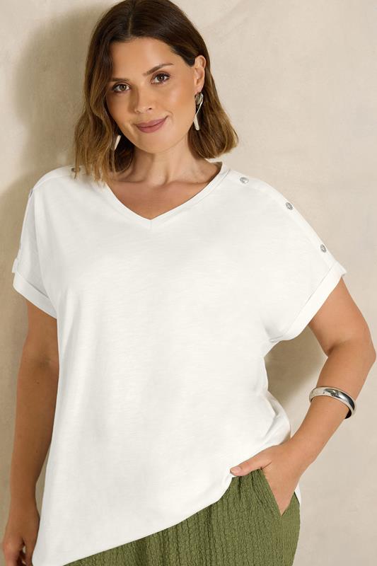 EVANS Curve Ivory White Button Shoulder T-Shirt