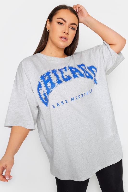 YOURS Plus Size Light Grey 'Chicago' Slogan Oversized Boxy T-Shirt | Yours Clothing 1