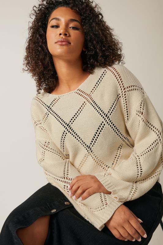 EVANS Plus Size Ivory White Diamond Pointelle Jumper | Evans 4