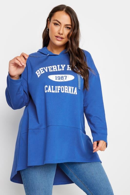 YOURS Blue 'Beverley Hills' Slogan Longline Hoodie | Yours Clothing 1