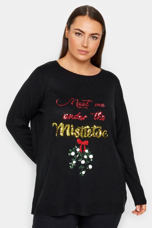 Plus Size  Evans Black Sequin Mistletoe Christmas Jumper