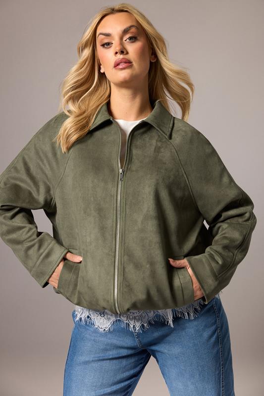 YOURS Plus Size Khaki Green Faux Suede Bomber Jacket | Yours Clothing 1