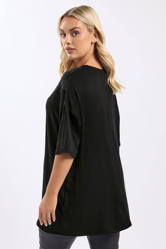 YOURS Plus Size Black Chevron Lace Insert T-Shirt | Yours Clothing 2