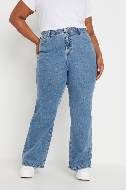 YOURS Plus Size Mid Blue Wide Leg Denim Jeans | Yours Clothing  1