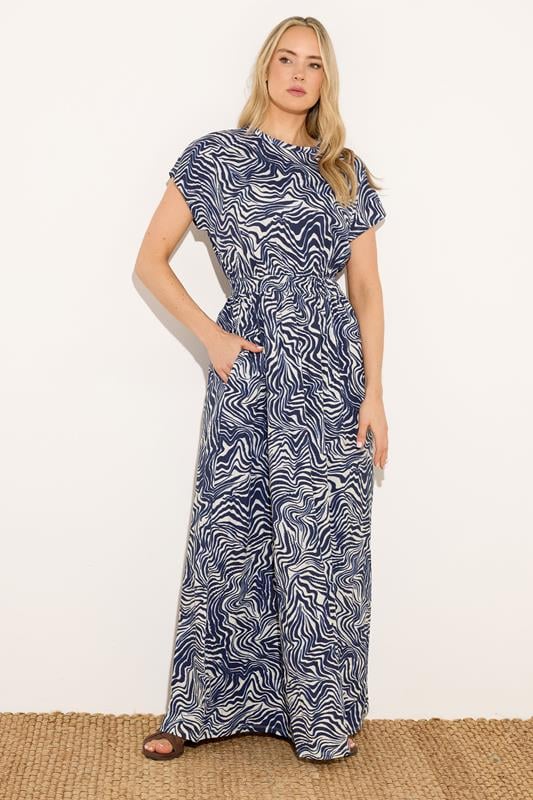  LTS Tall Navy Blue Abstract Jersey Shirred Waist Cotton Maxi Dress