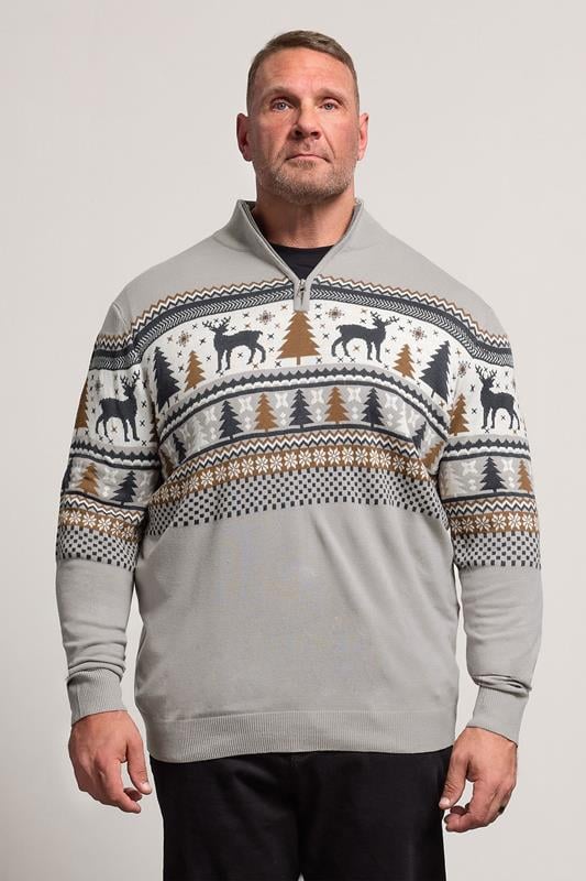 BadRhino Big & Tall Grey Fairisle Deer Quarter Zip Knitted Jumper | BadRhino 2