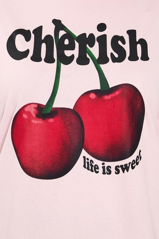 YOURS Plus Size Pink 'Cherish' Cherry Slogan T-Shirt | Yours Clothing 4