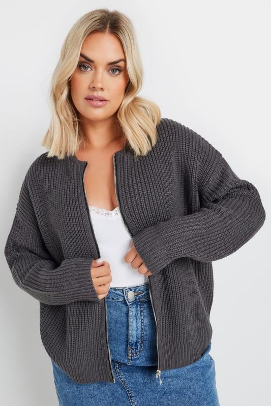 Plus Size  YOURS Curve Charcoal Grey Knitted Bomber Cardigan