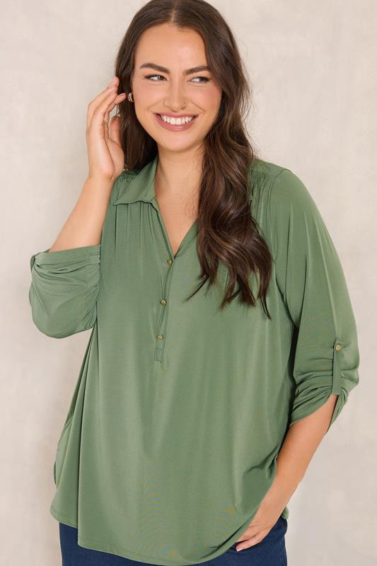 EVANS Plus Size Khaki Green Long Sleeve Blouse | Evans  1