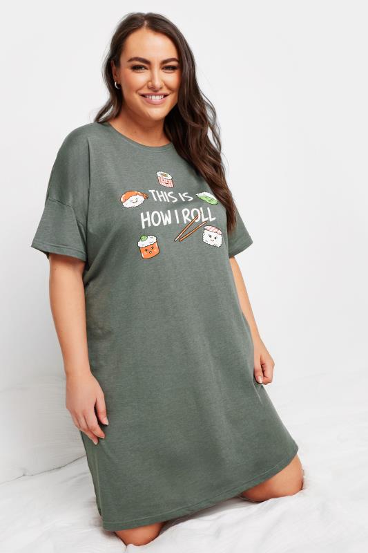 YOURS Plus Size Grey Sushi Print Sleep Tee Nightdress | Yours Clothing 1