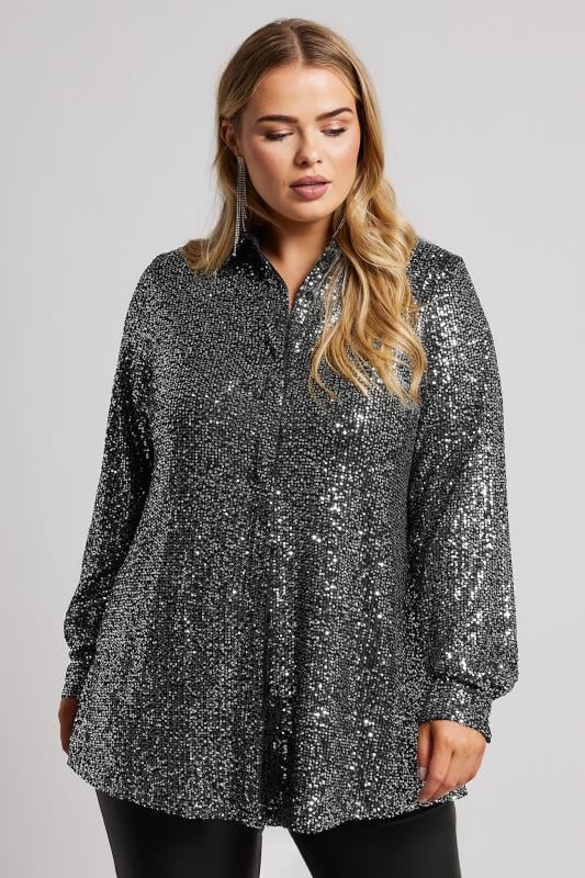 YOURS LONDON Plus Size Silver Sequin Shirt | Yours Clothing 1