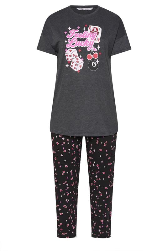 YOURS Plus Size Grey 'Feeling Lucky' Slogan Wide Leg Pyjama Set | Yours Clothing 5
