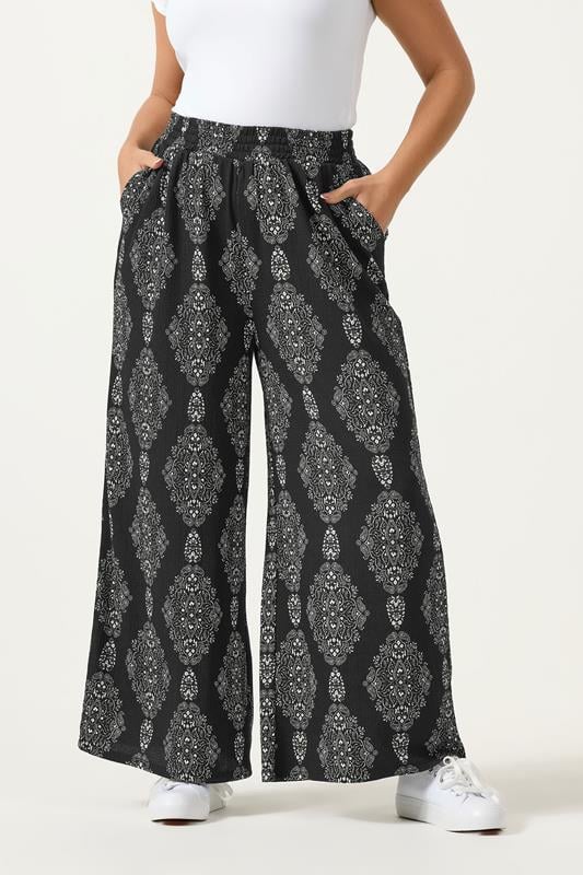  YOURS Curve Black Paisley Textured Trousers