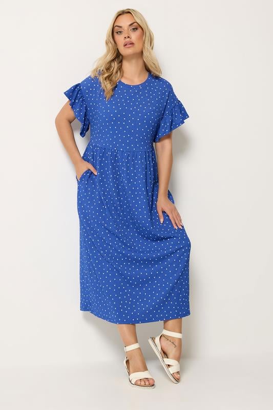 YOURS Curve Blue Polka Dot Midi Dress