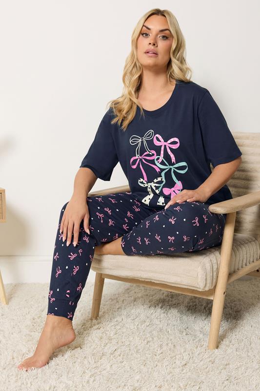  YOURS Curve Navy Blue Bow Print Pyjama Set
