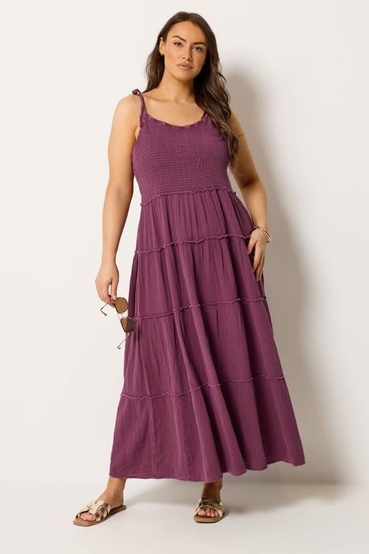  YOURS Curve Dark Pink Cheesecloth Tiered Dress