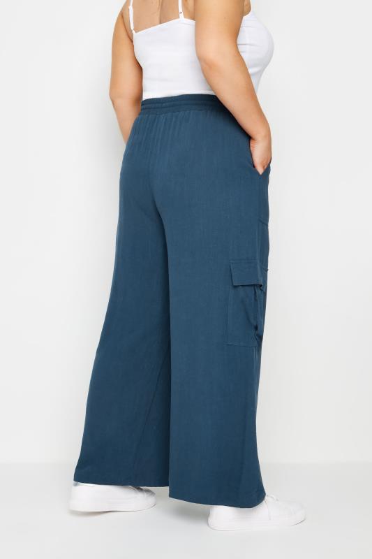 YOURS Plus Size Navy Blue Linen Look Cargo Trousers | Yours Clothing 3