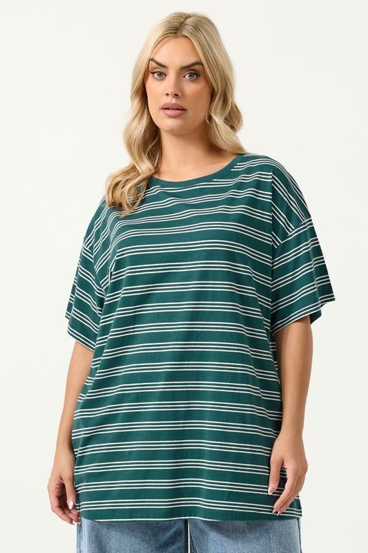  YOURS Curve Green Stripe Relaxed T-Shirt