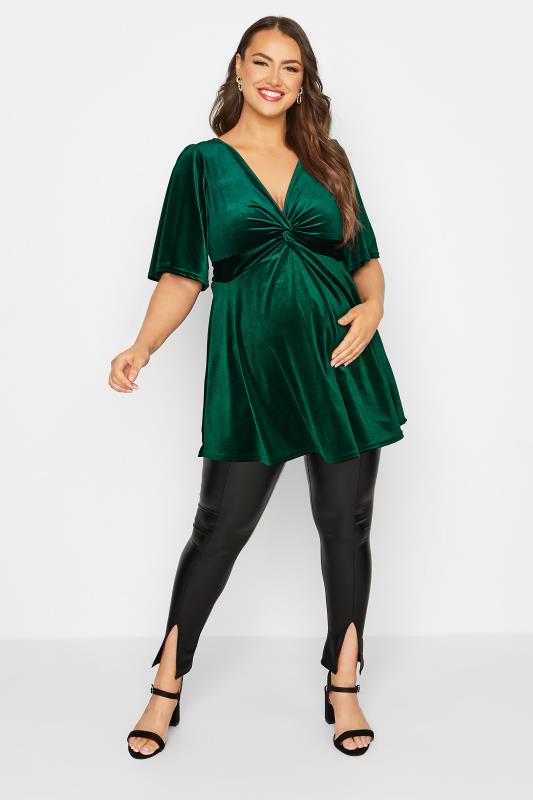 BUMP IT UP MATERNITY Plus Size Black Coated Split Front Leggings | Yours Clothing 2