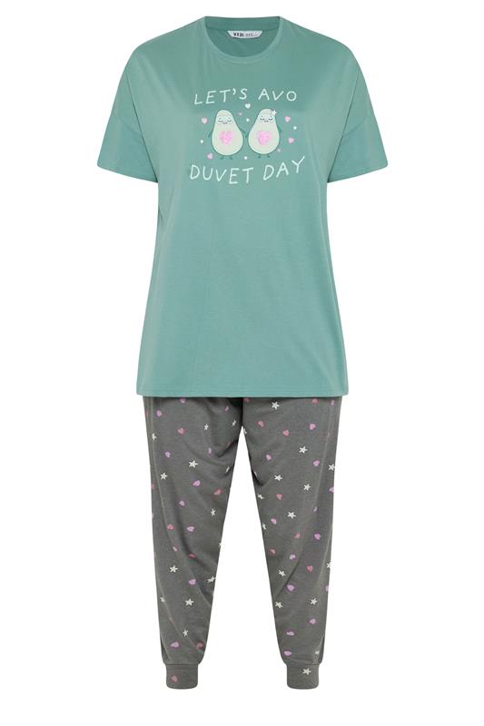 YOURS Plus Size Green 'Lets Avo A Duvet Day' Cuffed Pyjama Set | Yours Clothing 5