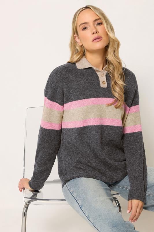 LTS Tall Women's Grey Stripe Knitted Polo Jumper | Long Tall Sally 1