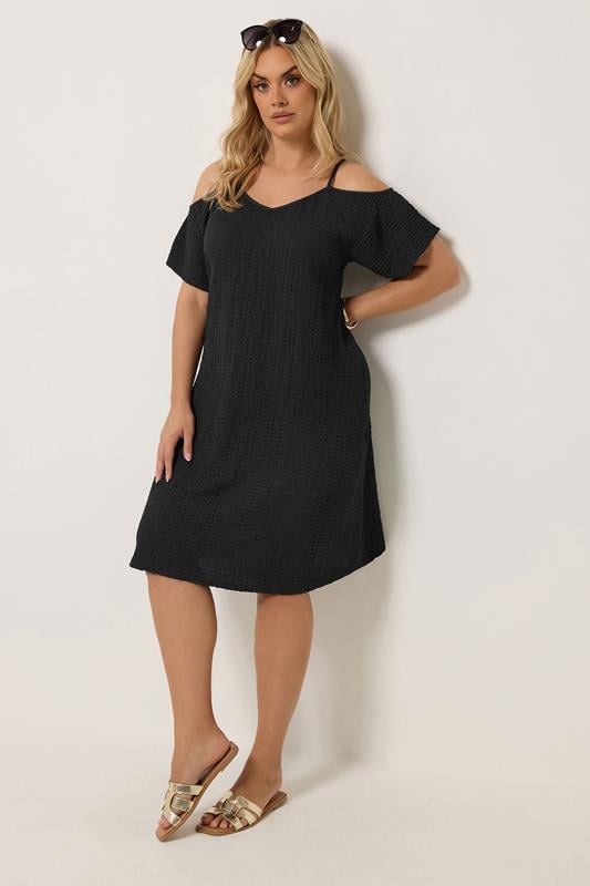YOURS Curve Black Textured Cold Shoulder Dress