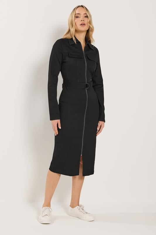  LTS Tall Black Zip Through Denim Midi Dress