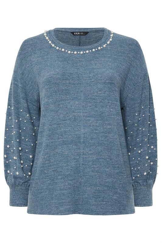 YOURS Plus Size Blue Pearl Embellished Jumper | Yours Clothing 5