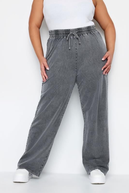 YOURS Plus Size Grey Acid Wash Wide Leg Joggers | Yours Curve 1