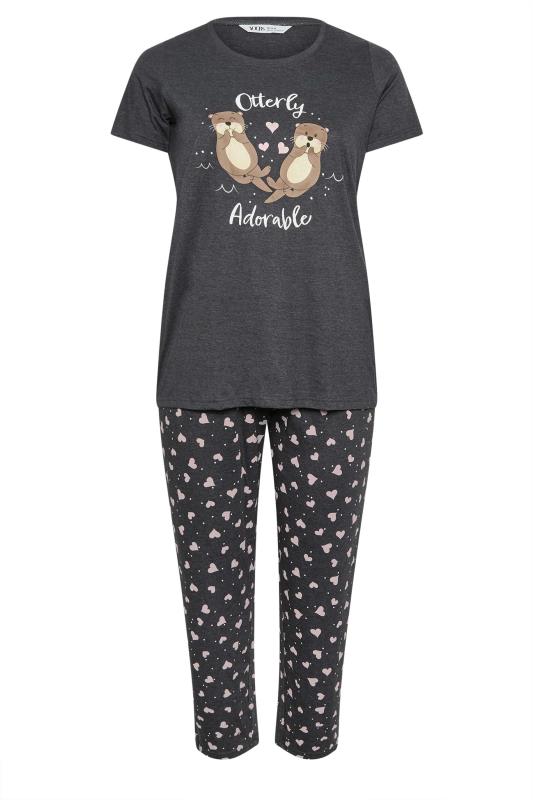 YOURS Plus Size Charcoal Grey 'Otterly Adorable' Heart Print Pyjama Set | Yours Clothing 5