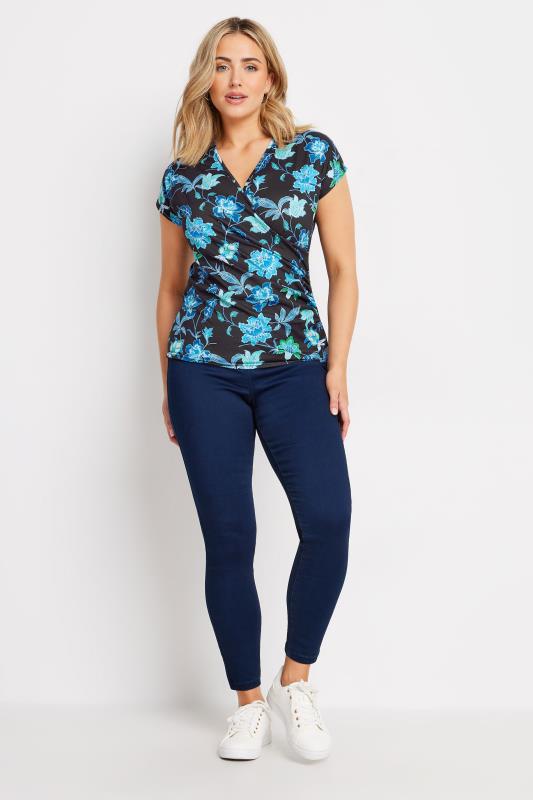 M&Co Black & Blue Floral Print Wrap Top | M&Co 2