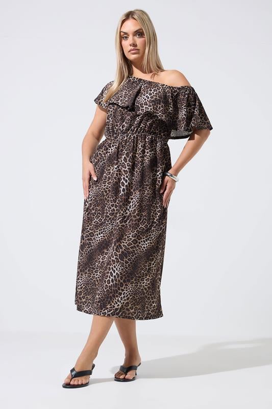 LIMITED COLLECTION Plus Size Brown Leopard Frill Dress | Yours Clothing 1